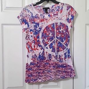 INC Red, White and Blue Graphic Tee with Peace logo
